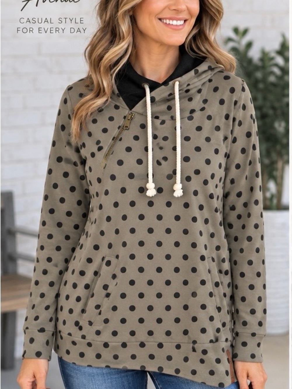 AMPERSAND AVE Polka Dot Drawstring Hoodie, Asymmetrical Zipper, Kangaroo pockets